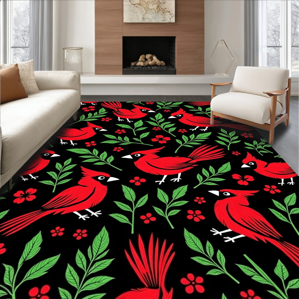 Red Cardinals Green Foliage Black Background Rug