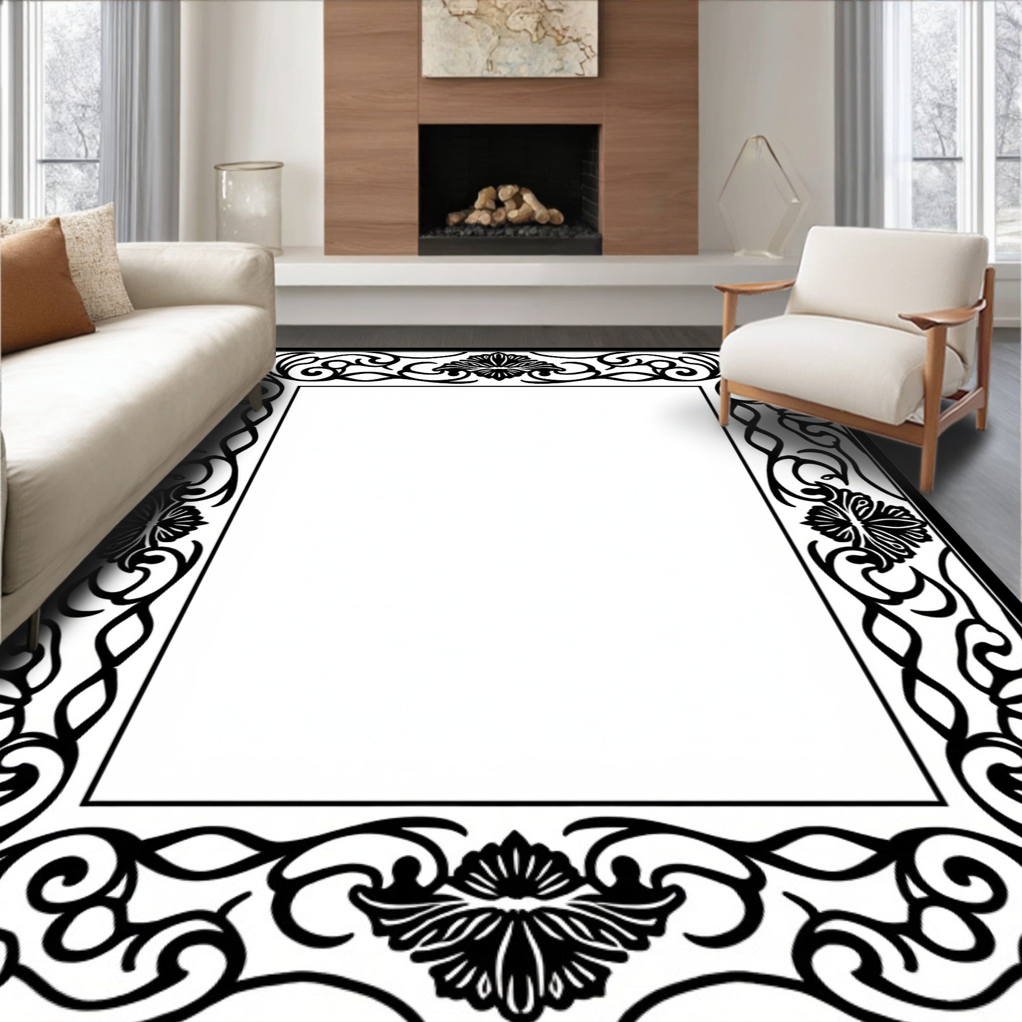 Black Ornate Floral Scroll Frame Rug