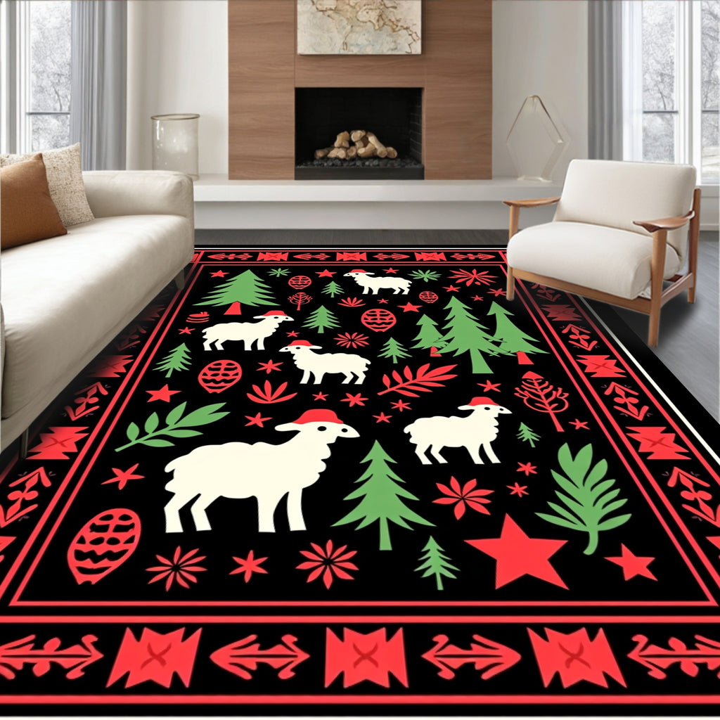 Festive Red Green Sheep Christmas Border Rug