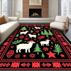 Festive Red Green Sheep Christmas Border Rug