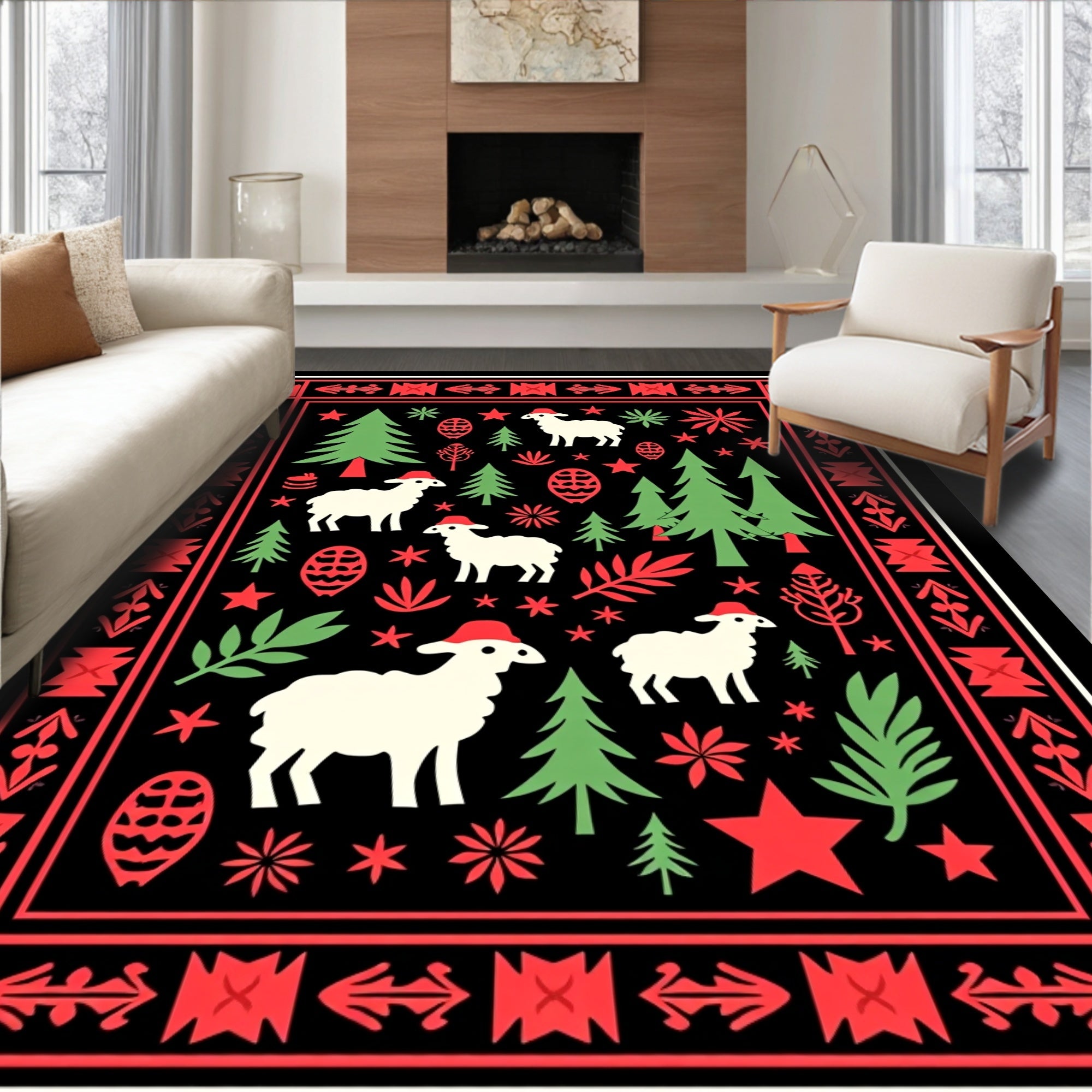 Festive Red Green Sheep Christmas Border Rug