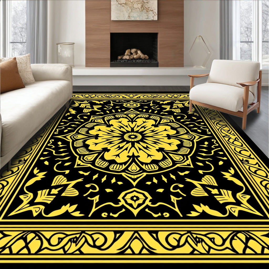 Golden Yellow Floral Mandala Black Rug