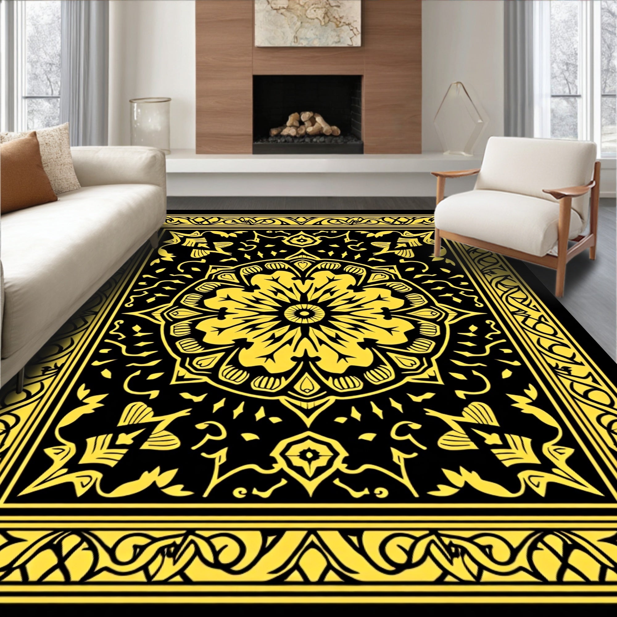 Golden Yellow Floral Mandala Black Rug