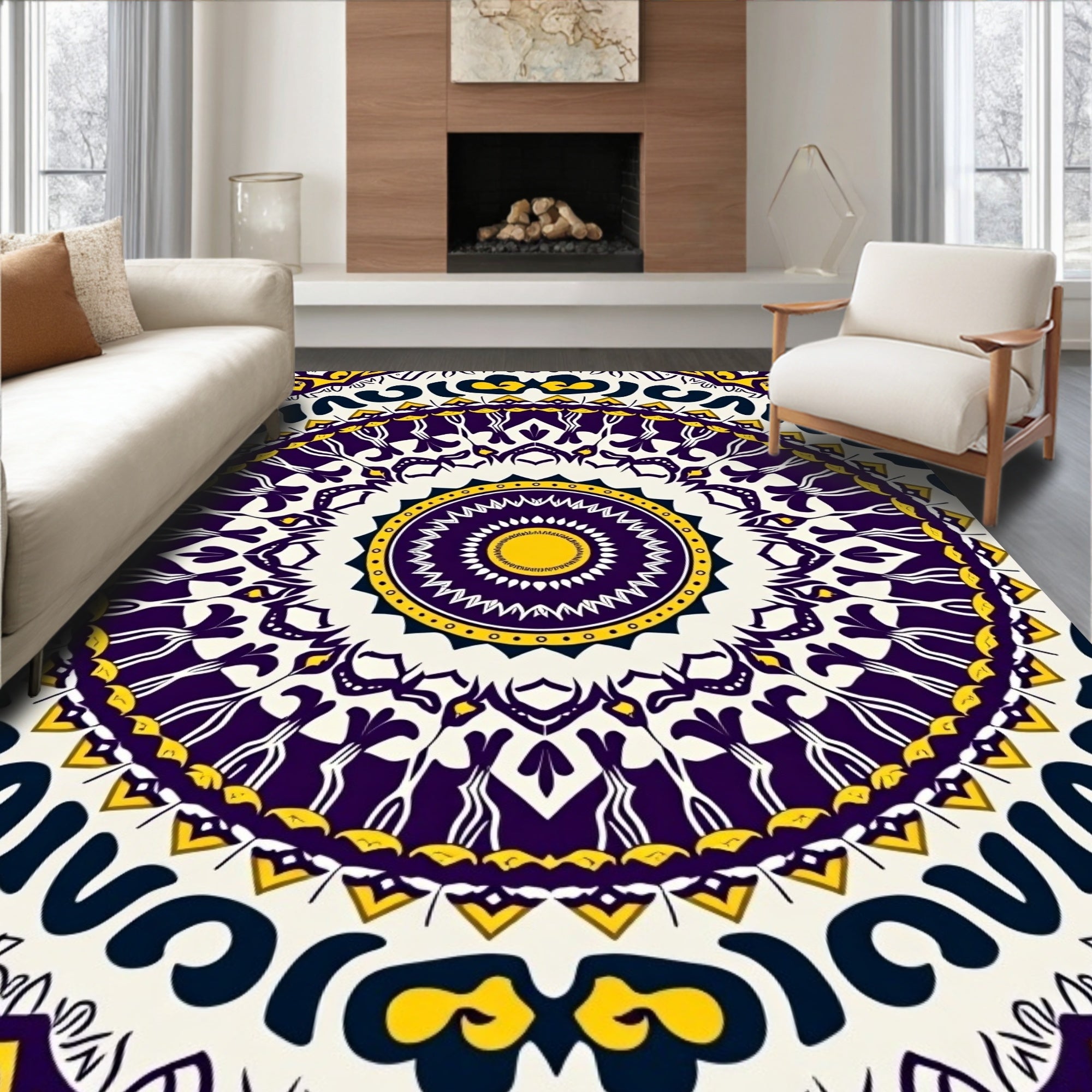 Bold Indigo Yellow Radial Mandala Rug