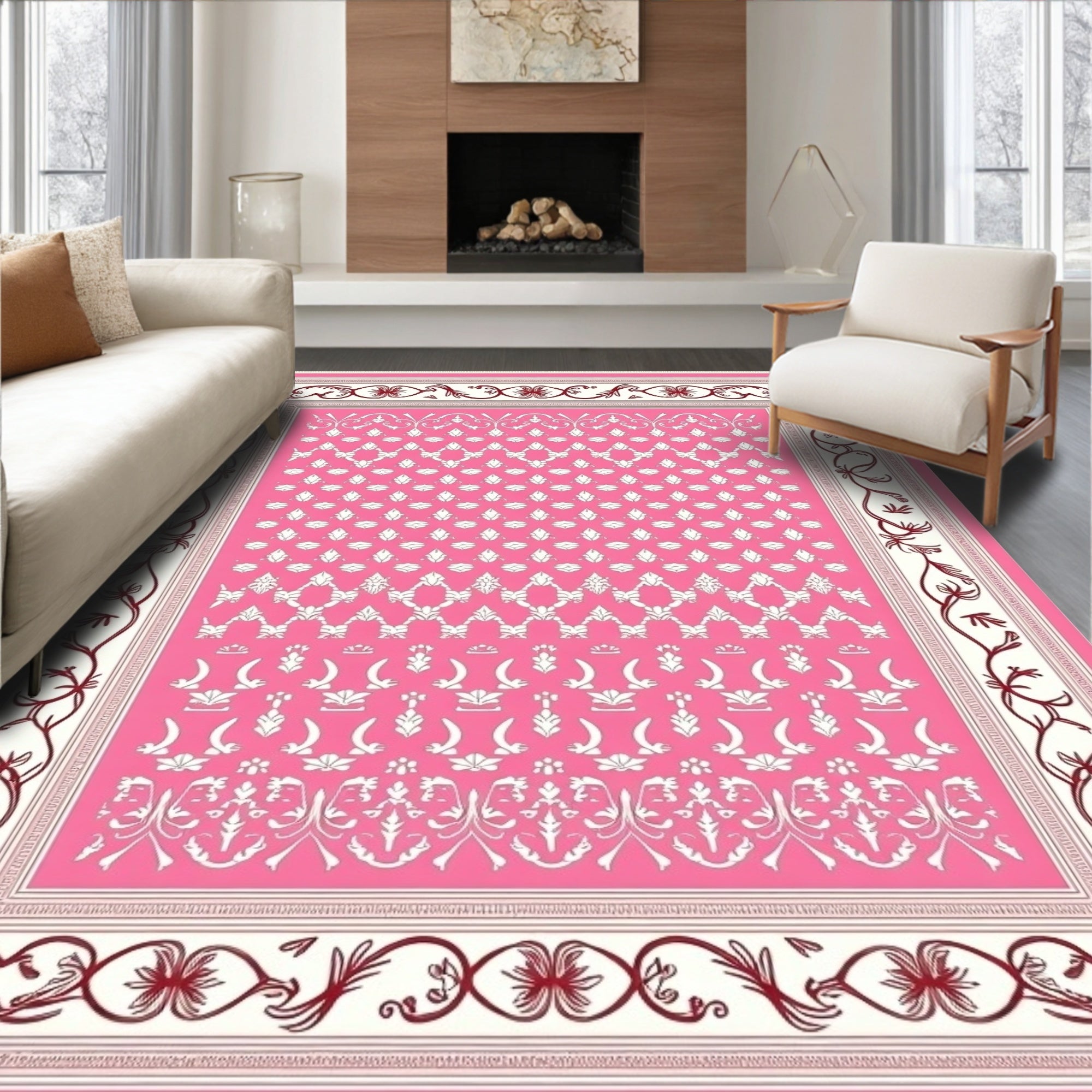 Bright Pink Traditional Floral Vine Rug