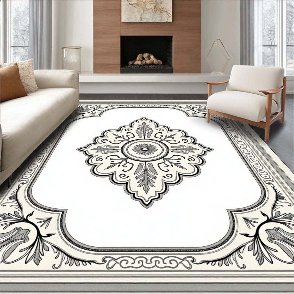 Cream and Gray Floral Medallion Frame Rug