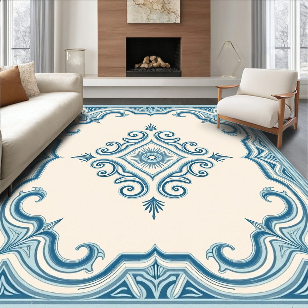 Classic Blue Scroll Diamond Frame Rug