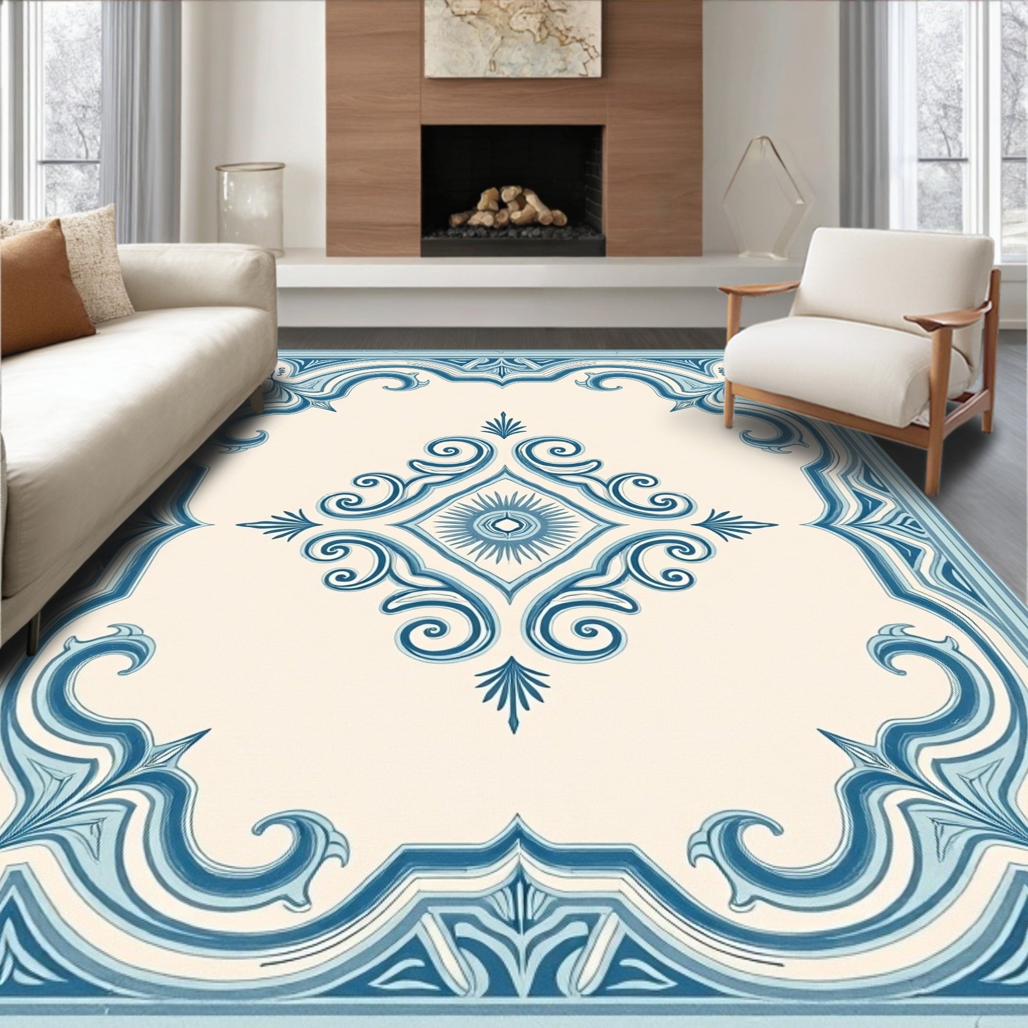 Classic Blue Scroll Diamond Frame Rug