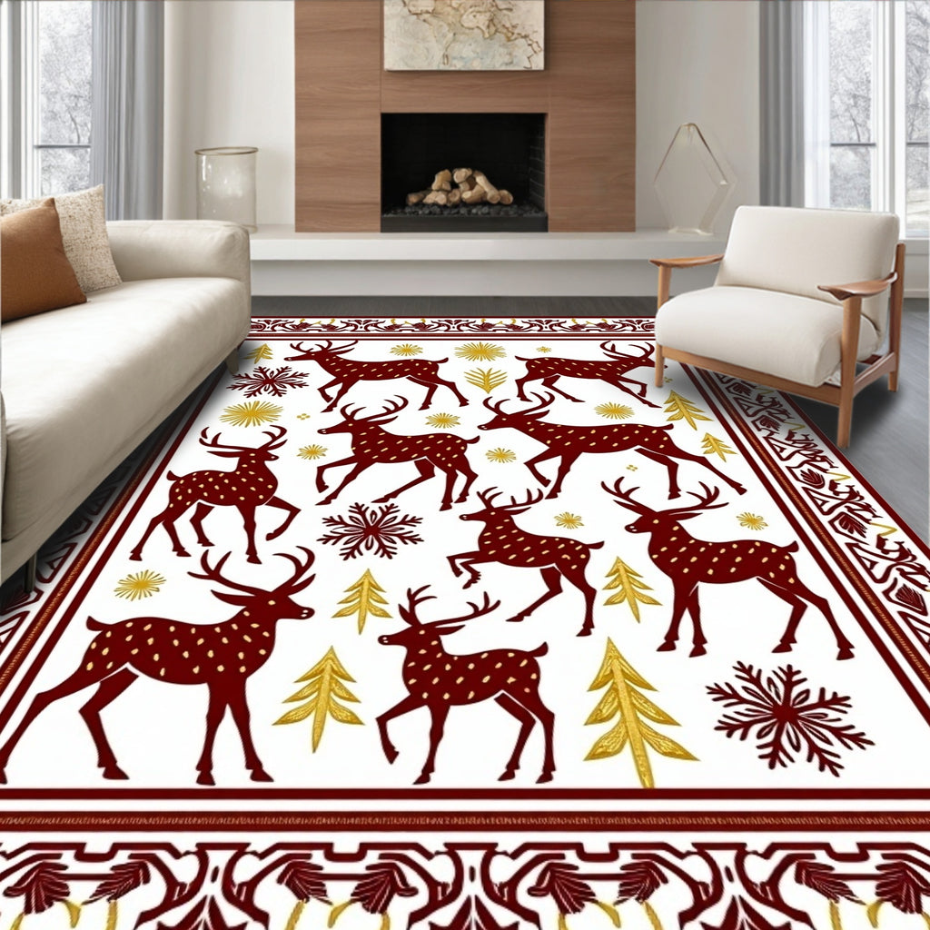 Deep Red Deer Snowflakes Gold Trees Rug