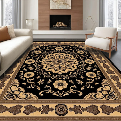 Black Gold Floral Medallion Border Rug