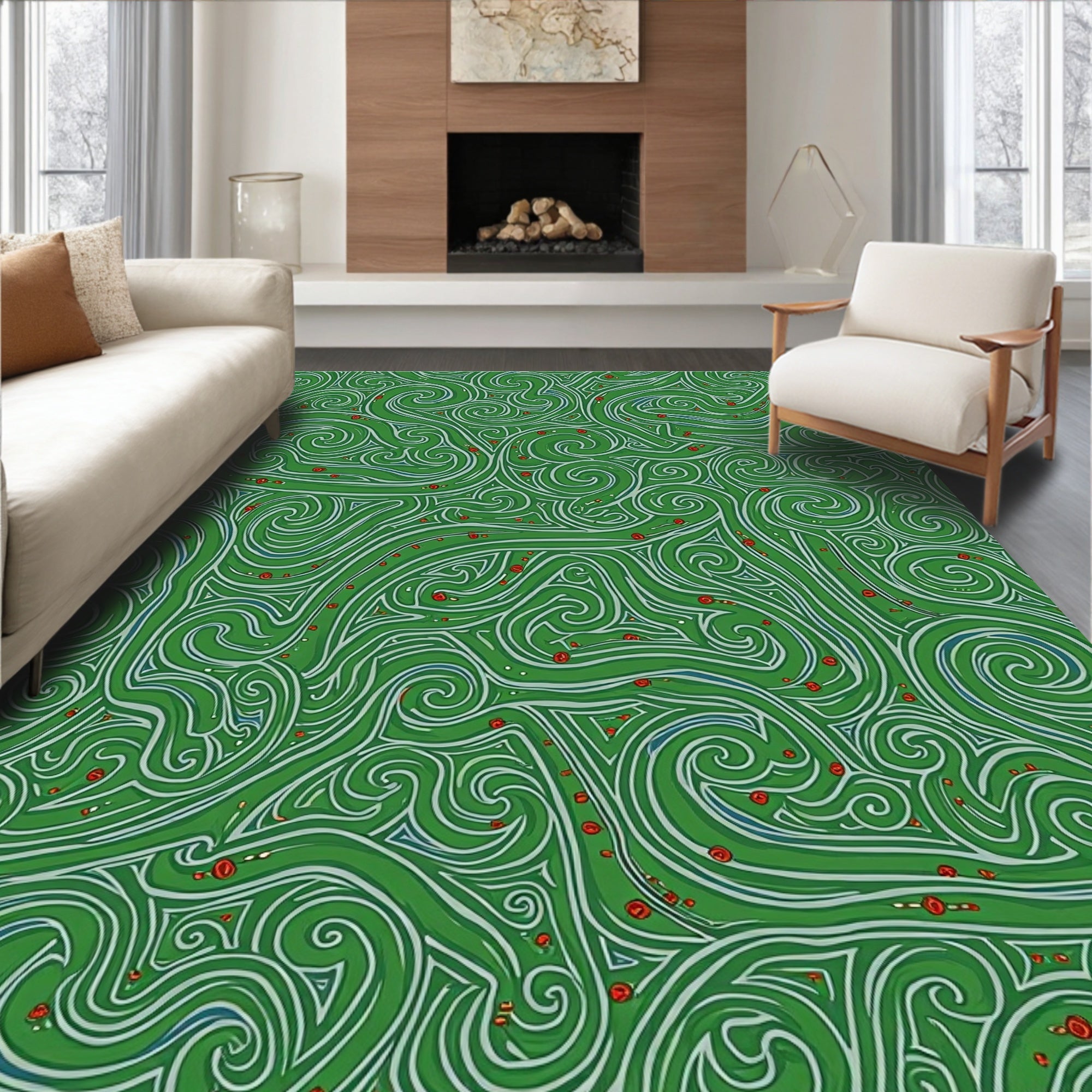 Verdant Swirls With Red Berry Accents Rug