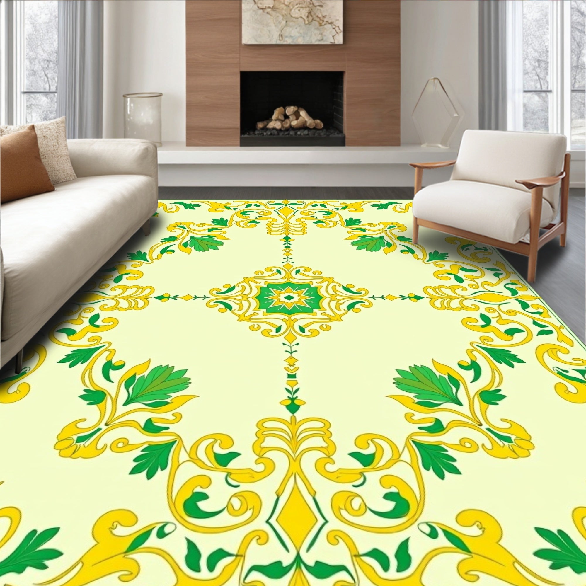 Yellow Green Floral Medallion Garden Rug