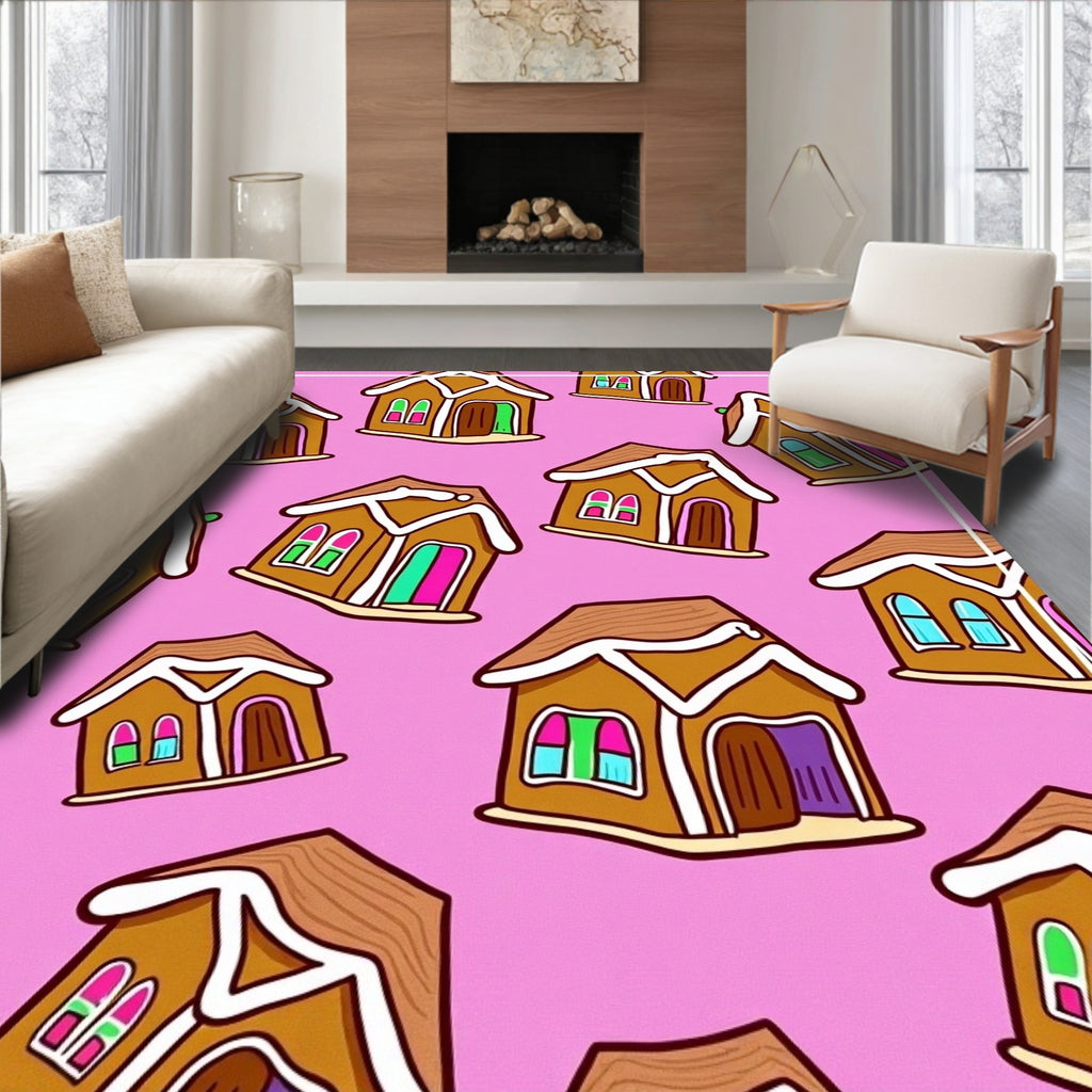 Whimsical Gingerbread Houses Pink Background Rug
