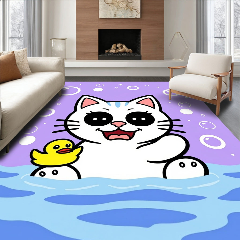 Cute White Cat Bath Time Bubbles Rug