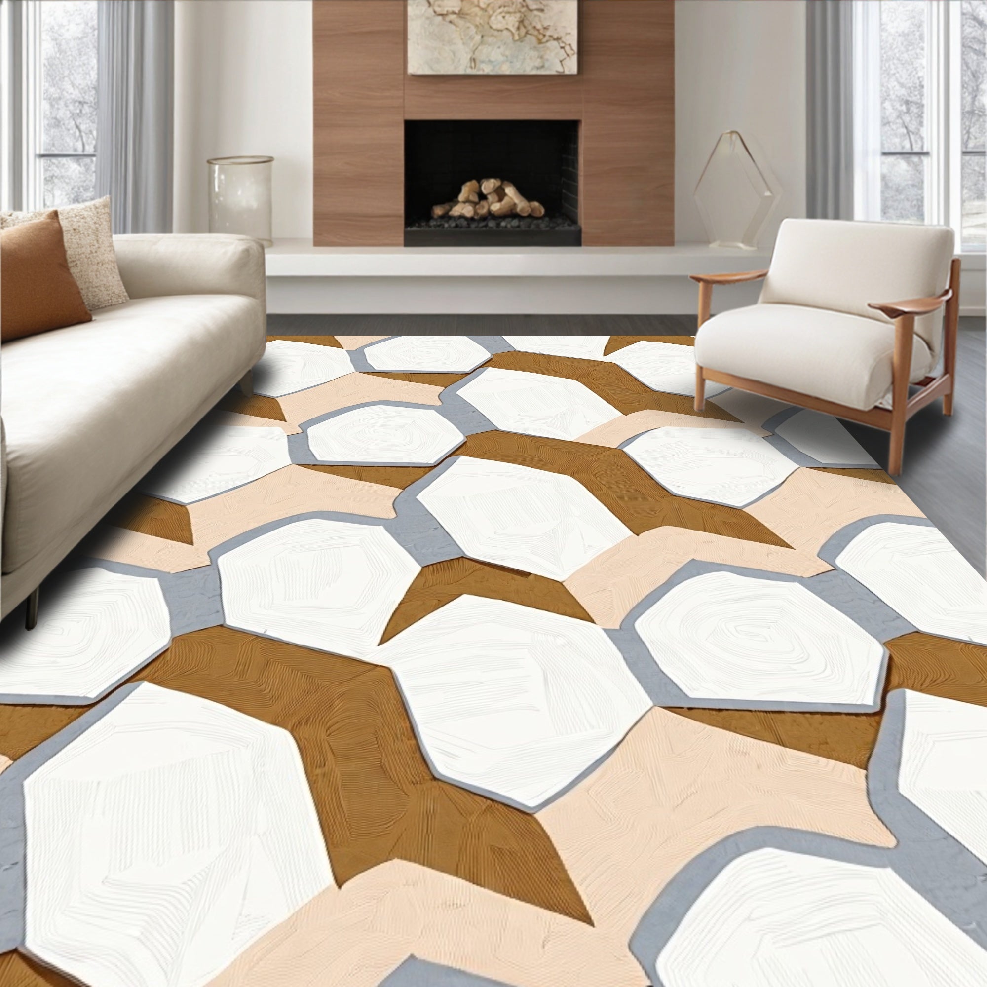 Abstract Hexagonal Stone Terracotta Mosaic Rug