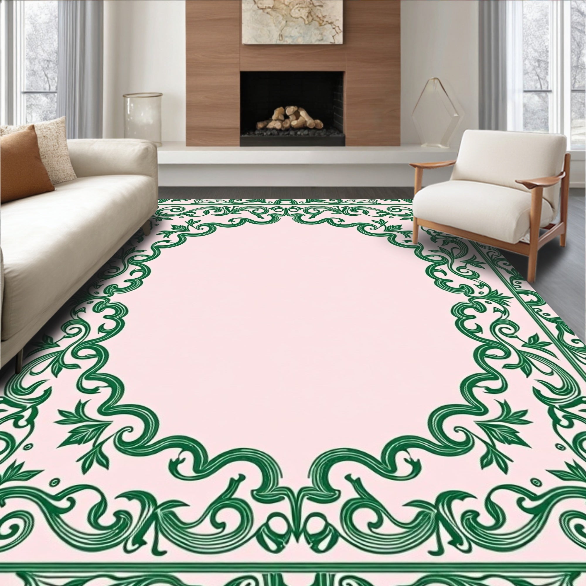 Emerald Vine Scroll Border Rug