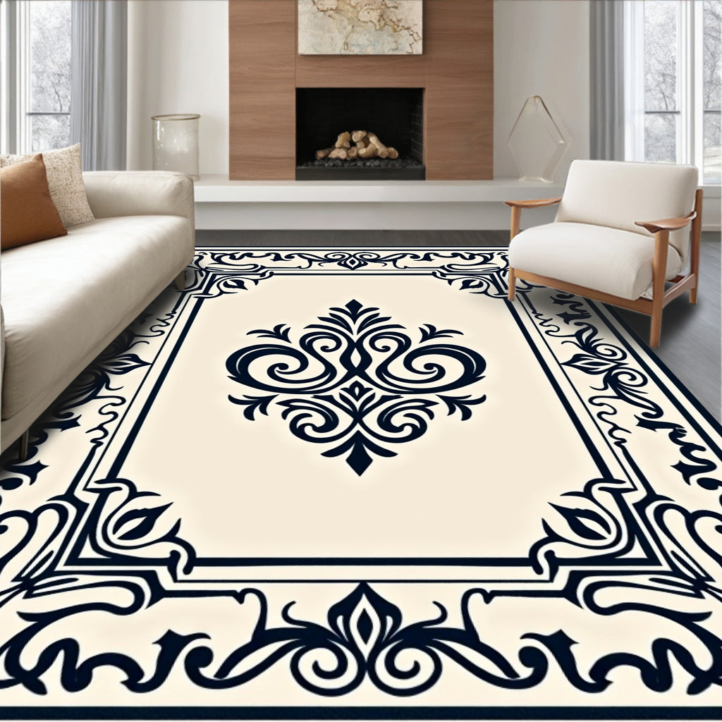 Dark Navy Ivory Ornate Scroll Rug