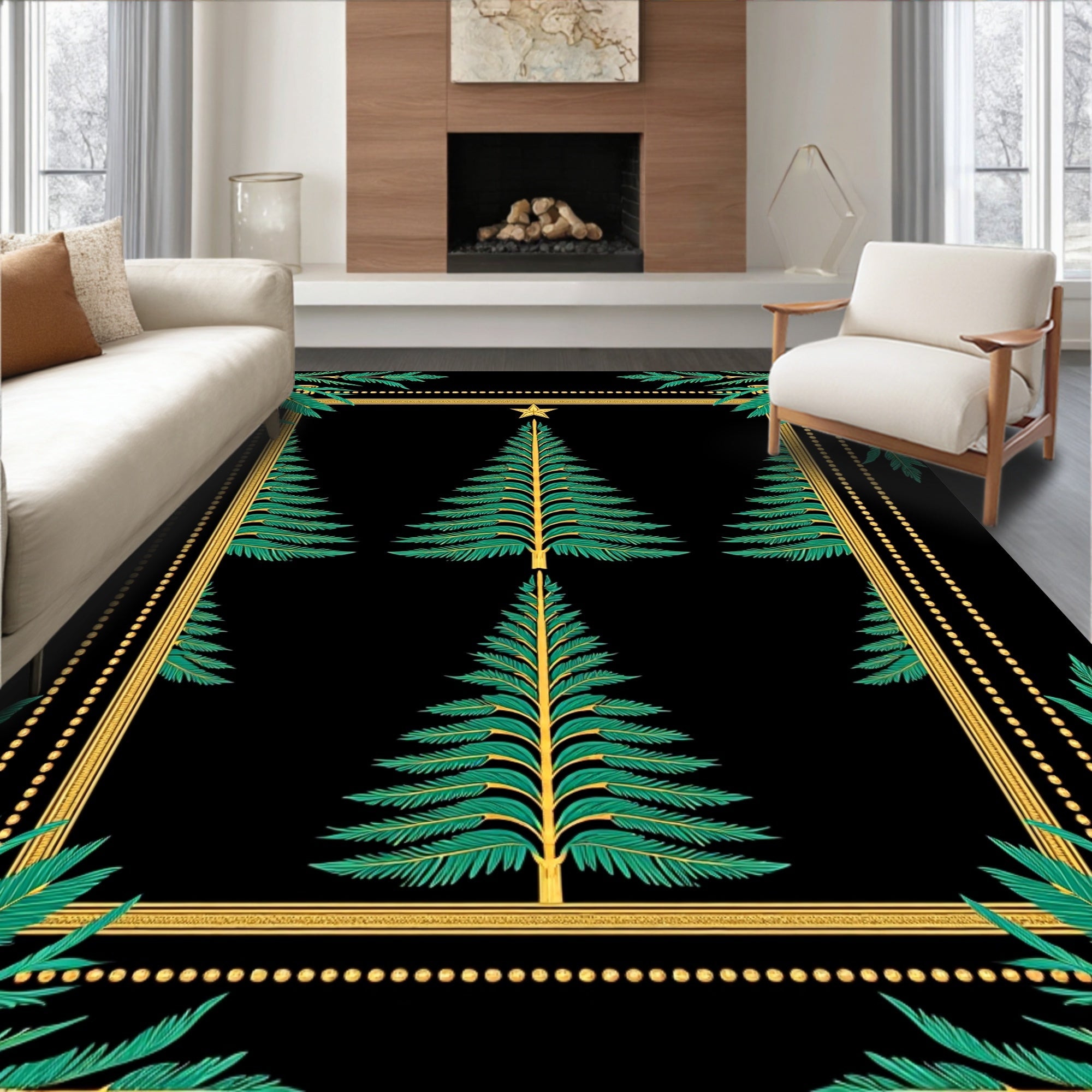 Green Pine Trees Gold Border Rug