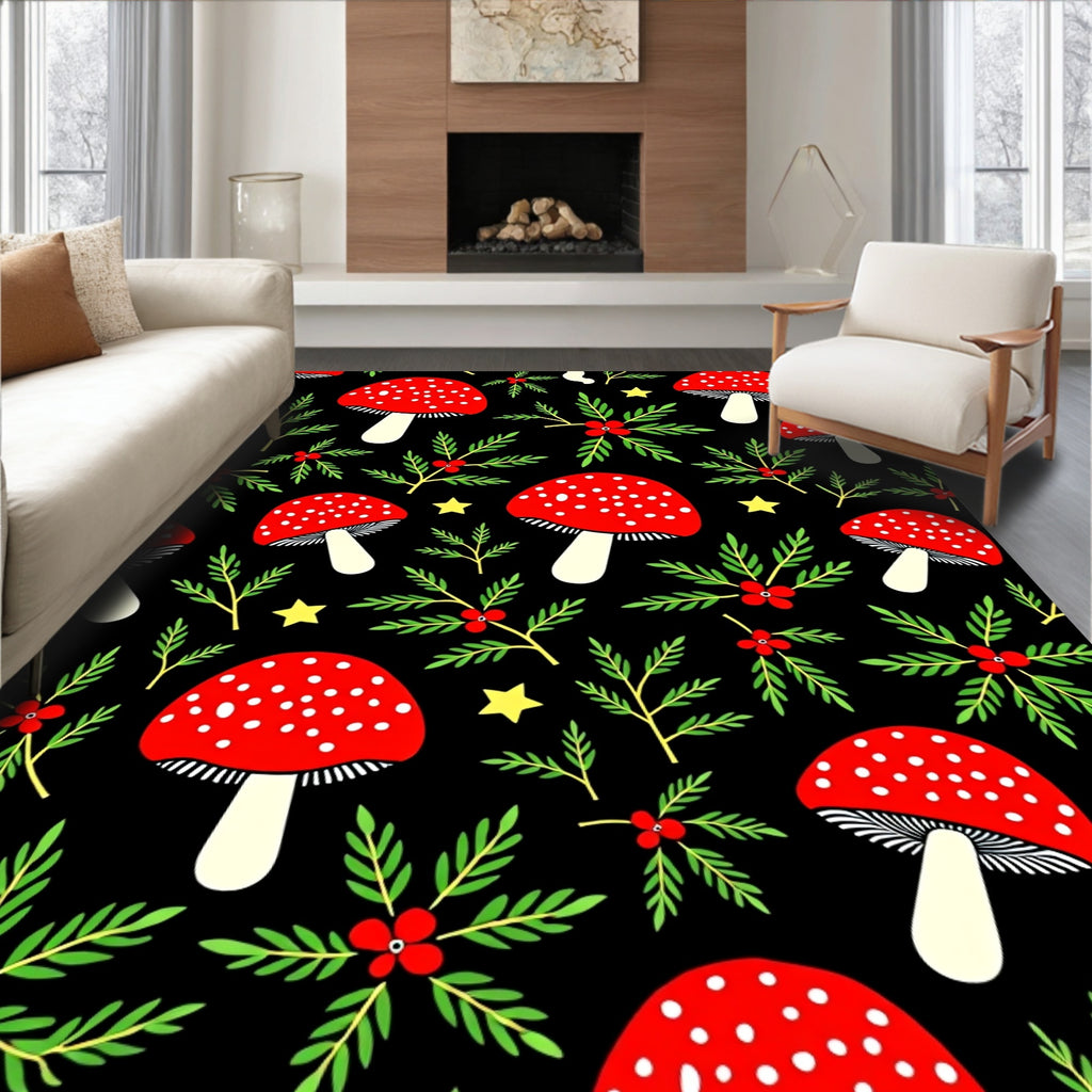Whimsical Red Mushroom Holly Stars Rug