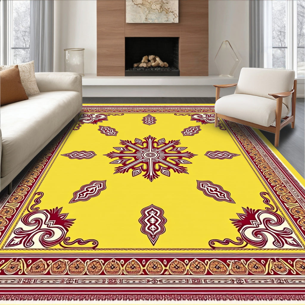 Vibrant Yellow Burgundy Floral Medallion Border Rug
