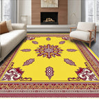 Vibrant Yellow Burgundy Floral Medallion Border Rug