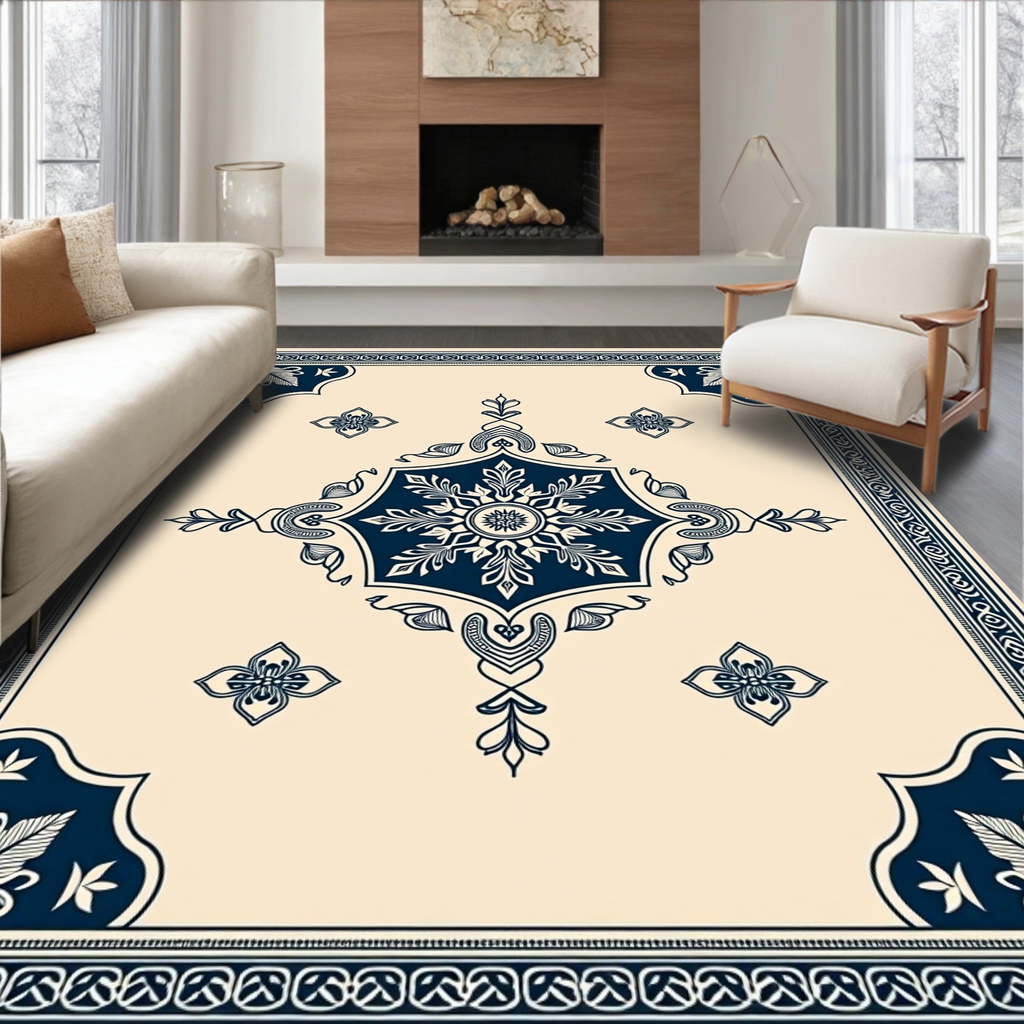 Elegant Navy Blue Floral Medallion Rug