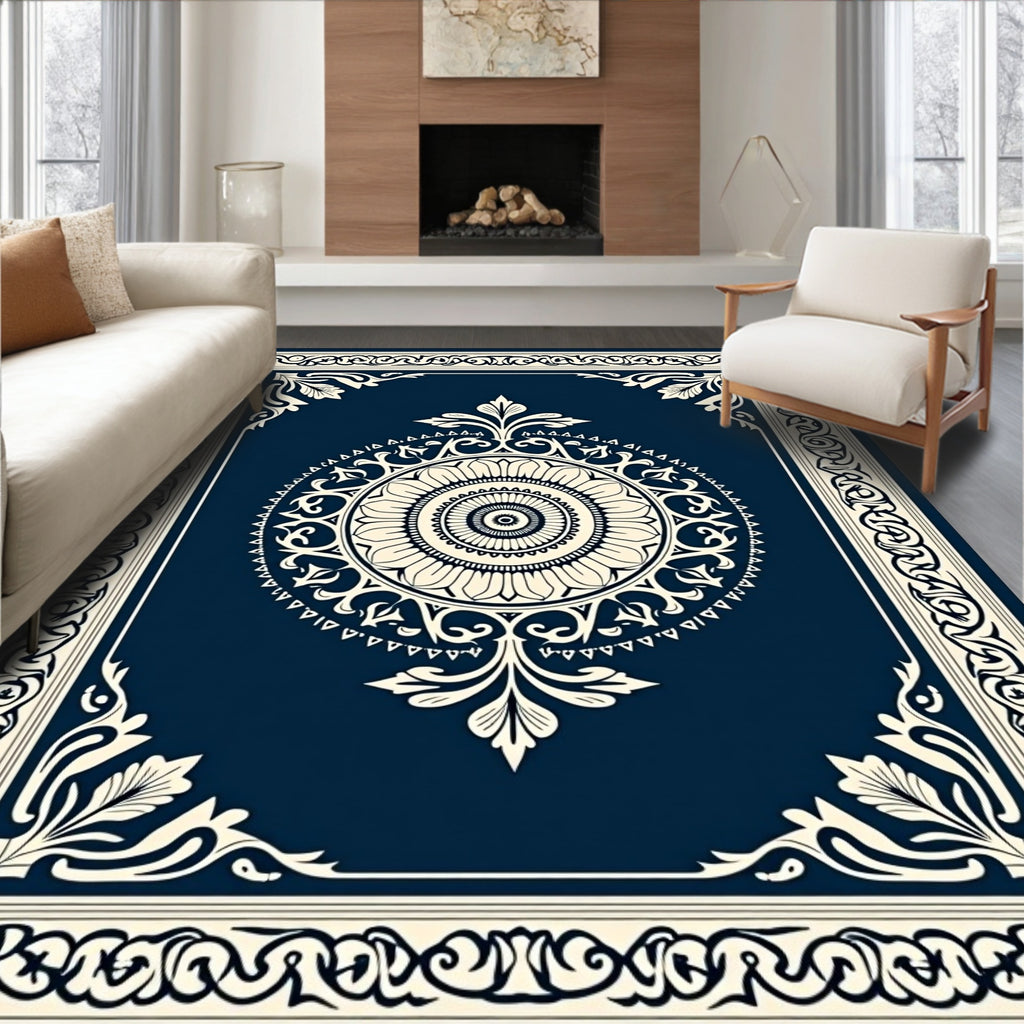 Ornate Cream Lotus Bordered Navy Rug