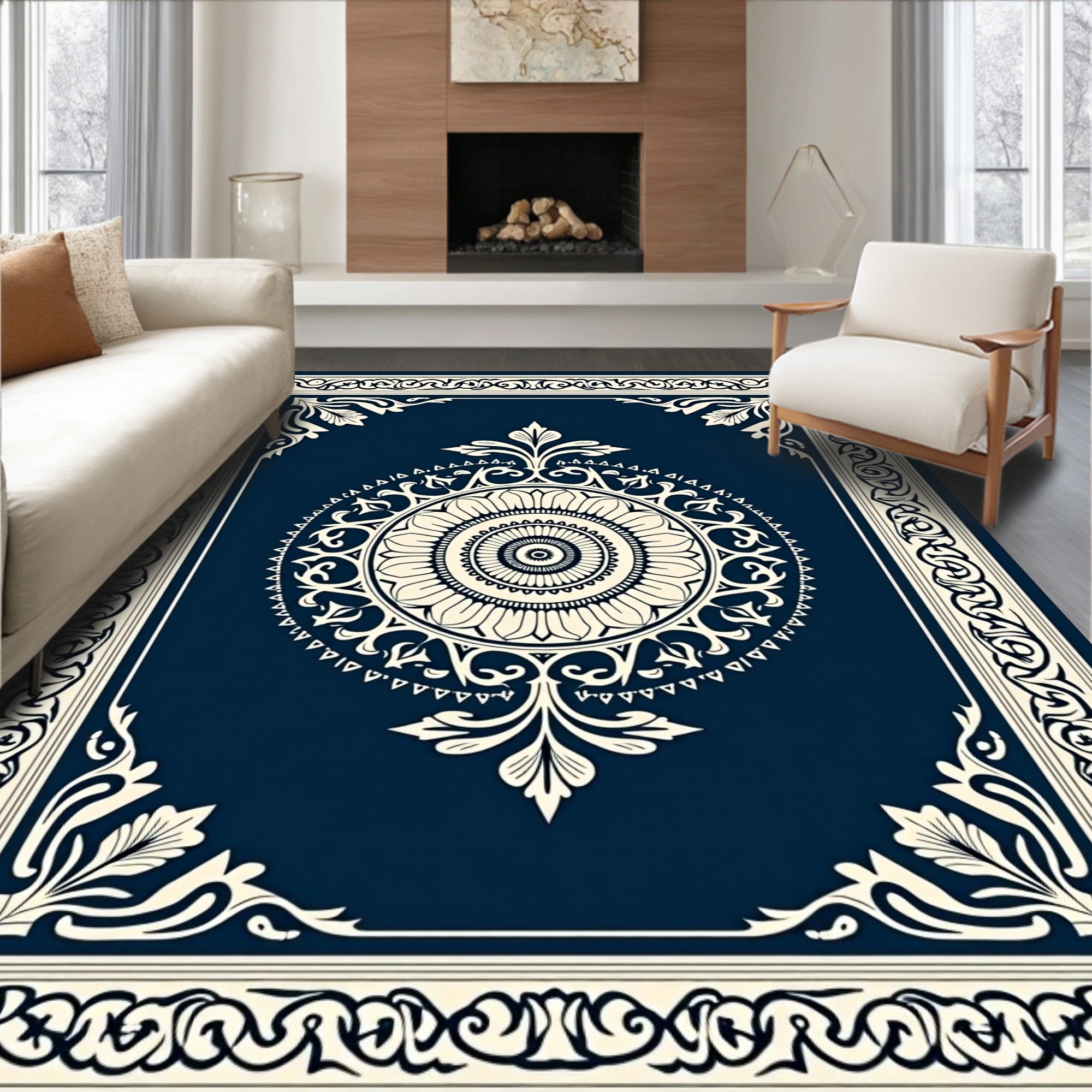 Ornate Cream Lotus Bordered Navy Rug