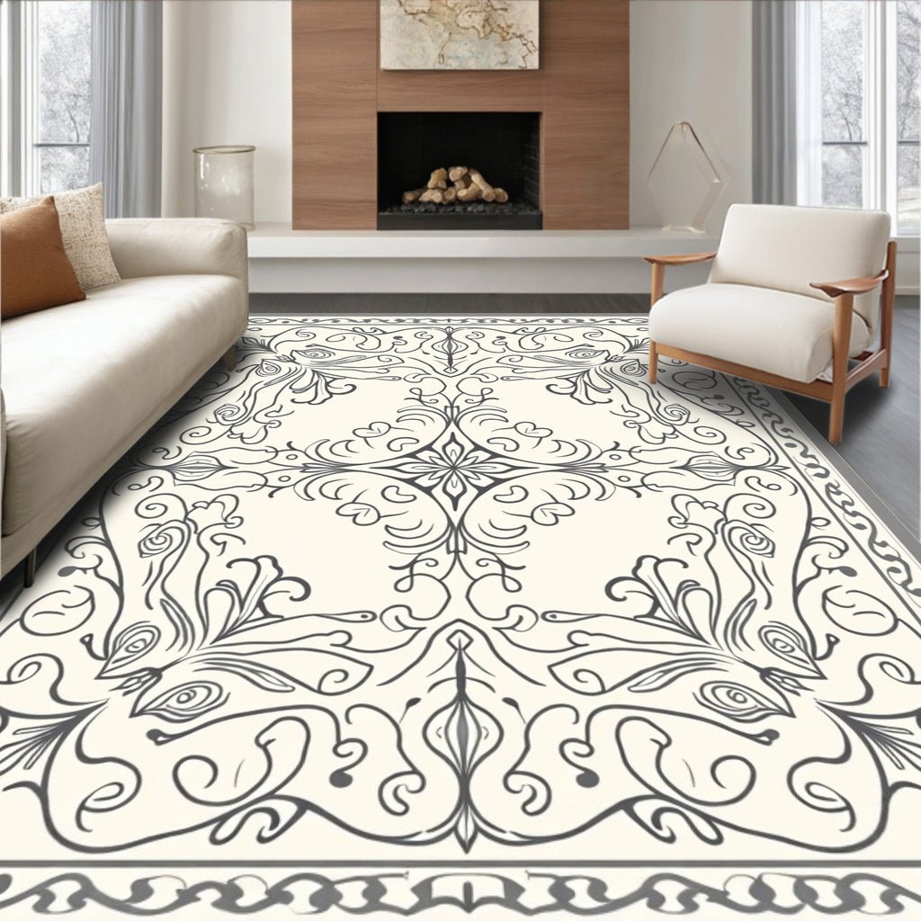 Ornate Gray Scrollwork Floral Rug