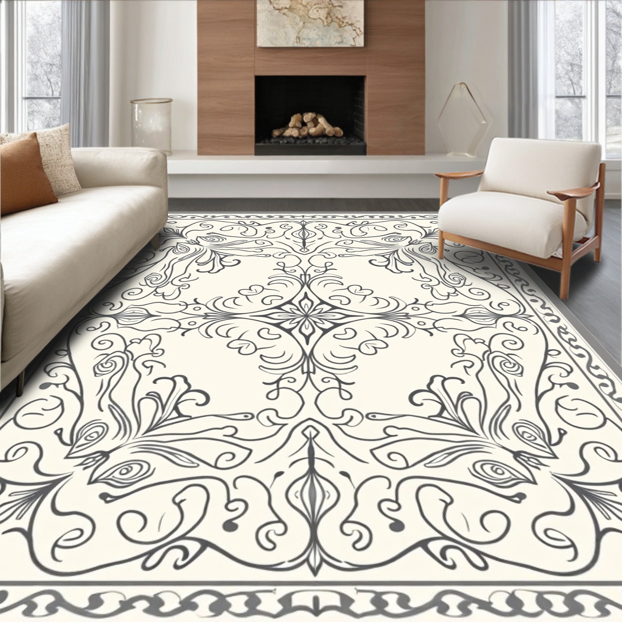 Ornate Gray Scrollwork Floral Rug