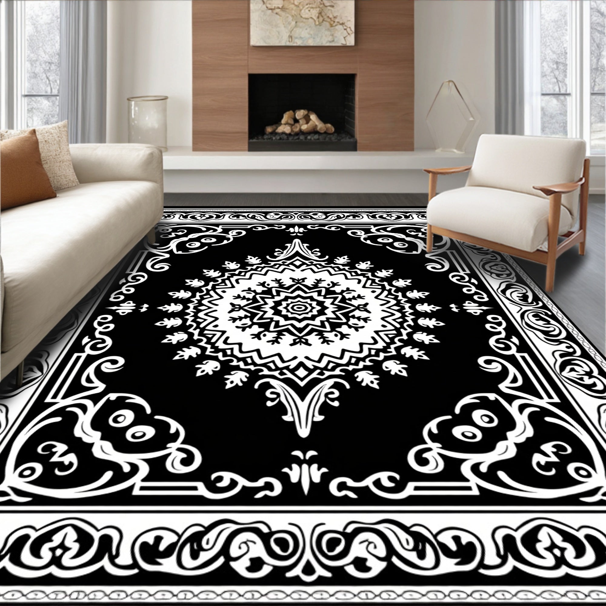 Black White Mandala Floral Border Rug