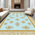 Pale Blue Golden Sunburst Medallion Border Rug
