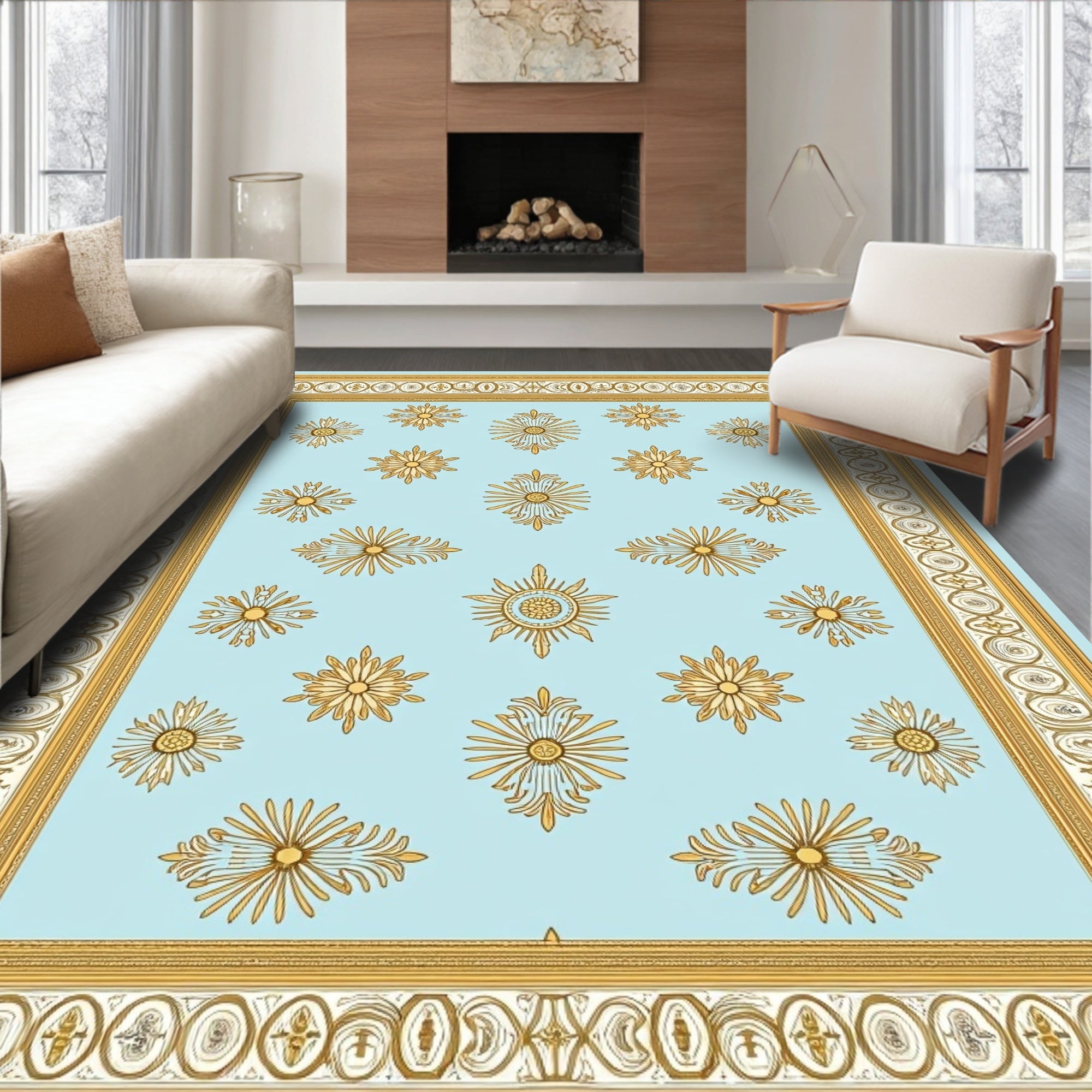 Pale Blue Golden Sunburst Medallion Border Rug