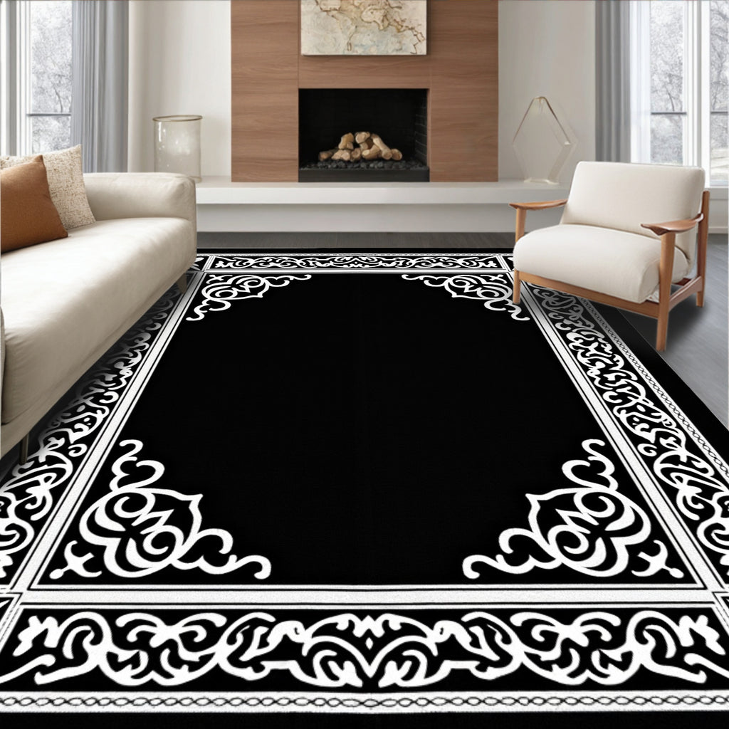 Elegant Black White Scroll Border Rug