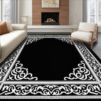 Elegant Black White Scroll Border Rug