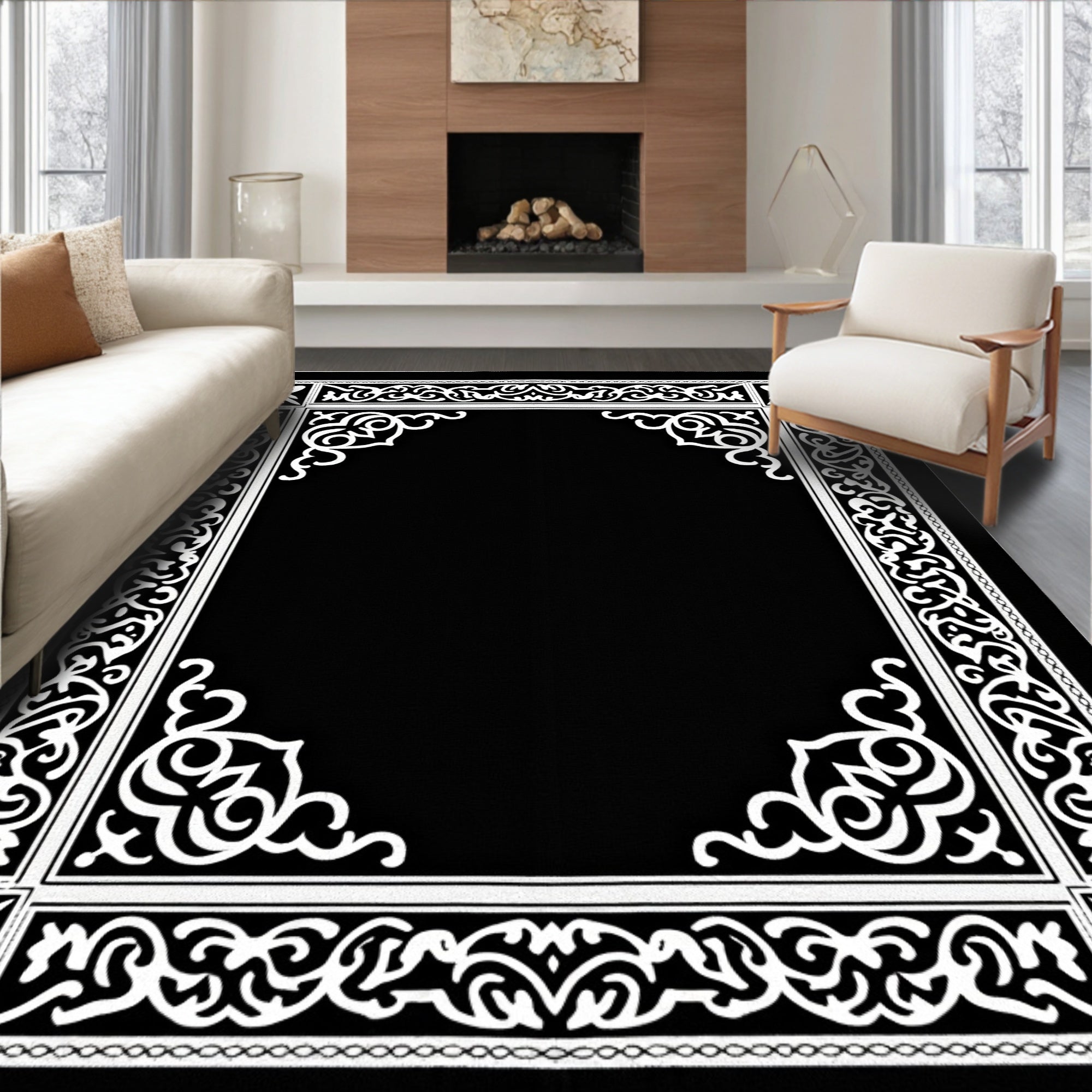 Elegant Black White Scroll Border Rug
