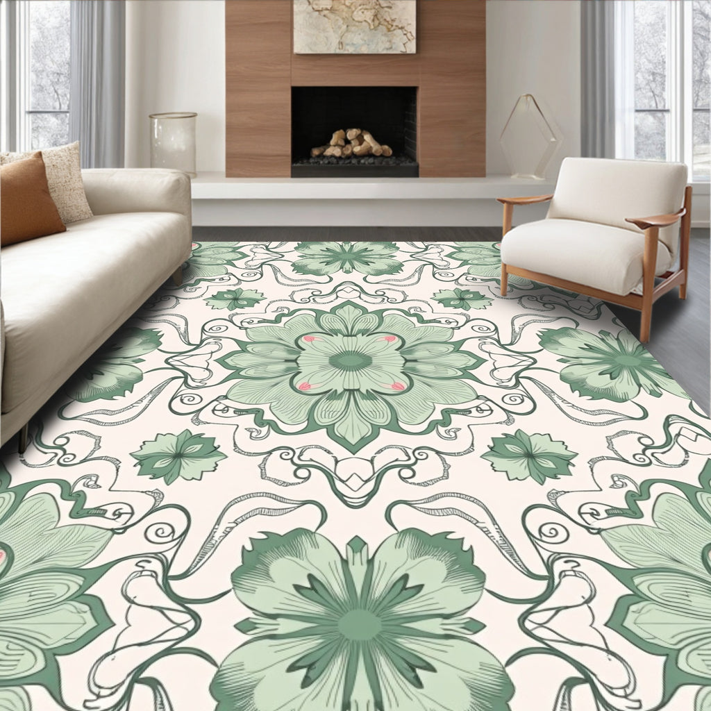 Sage Green Floral Mandala Rug