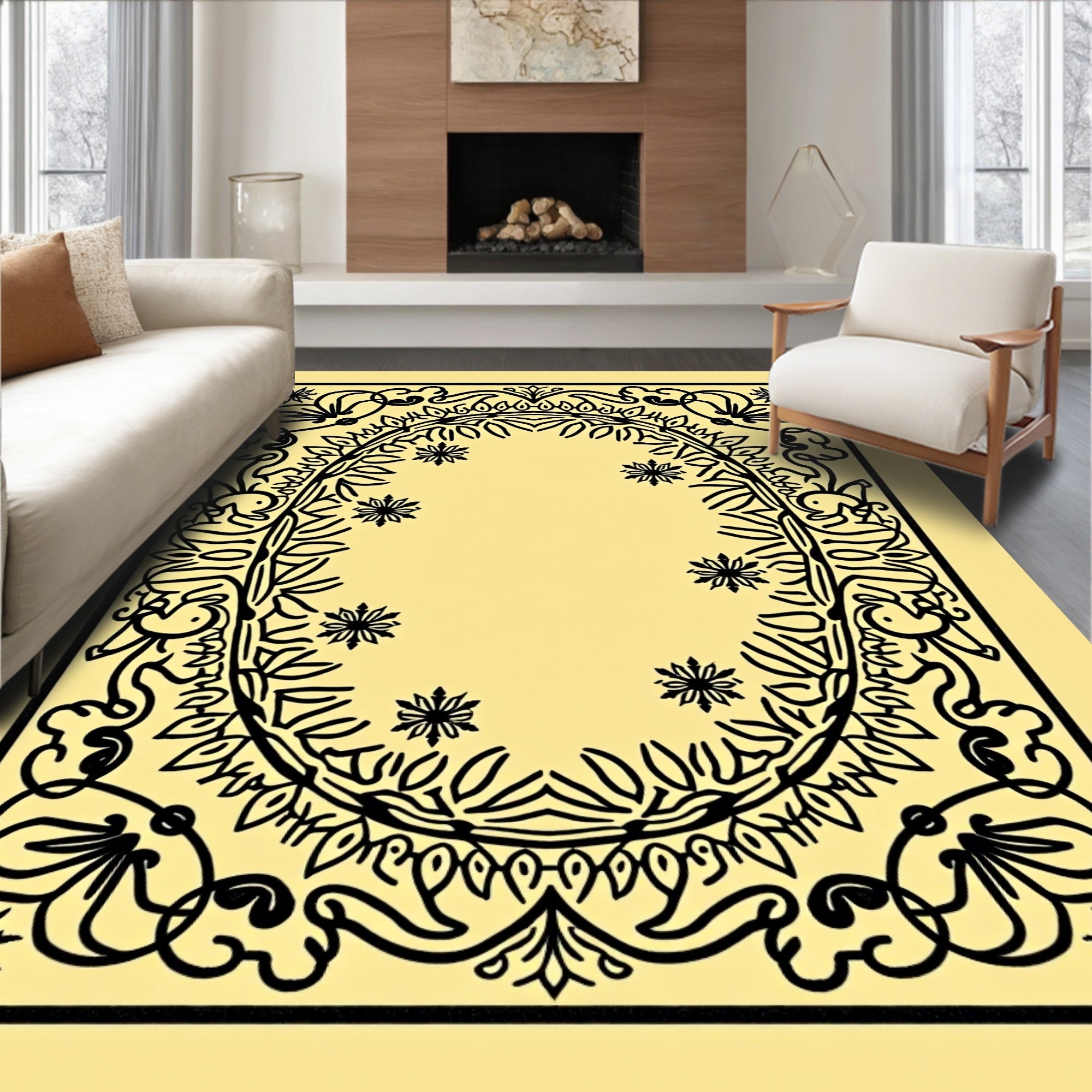 Ornate Black Floral Laurel Border Rug
