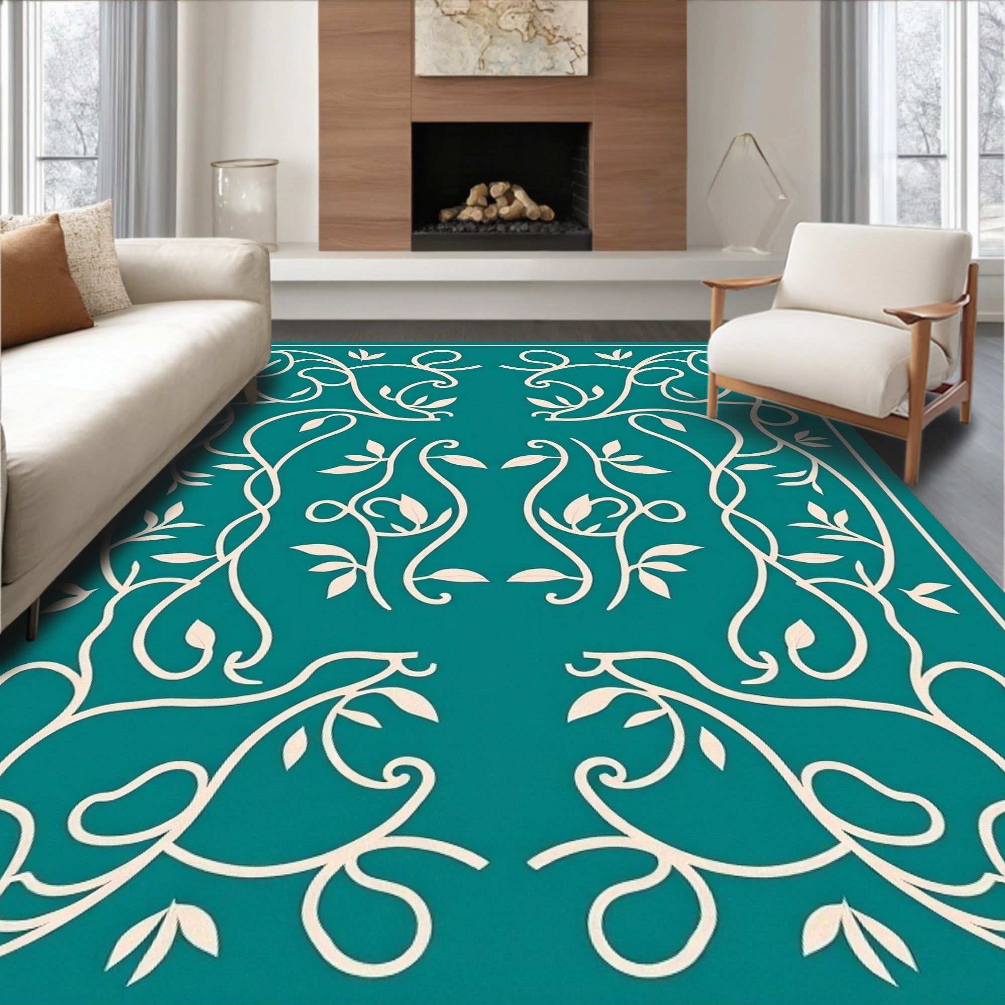 Teal Vine Leaf Scrollwork Medallion Rug