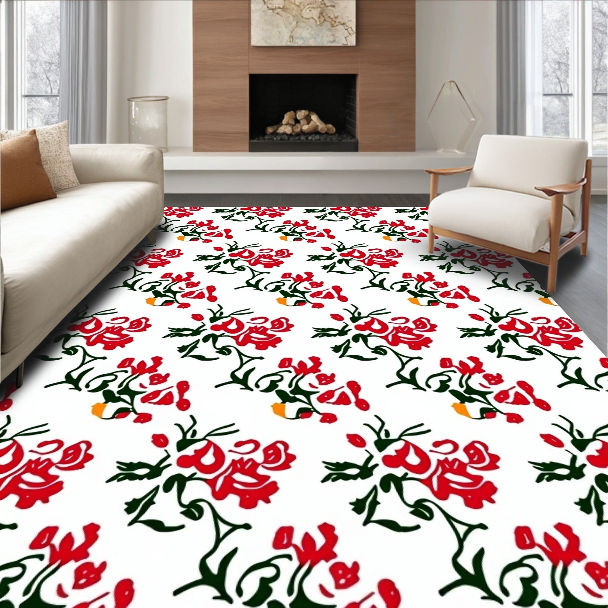 Vibrant Red Floral Spray Arrangement Rug
