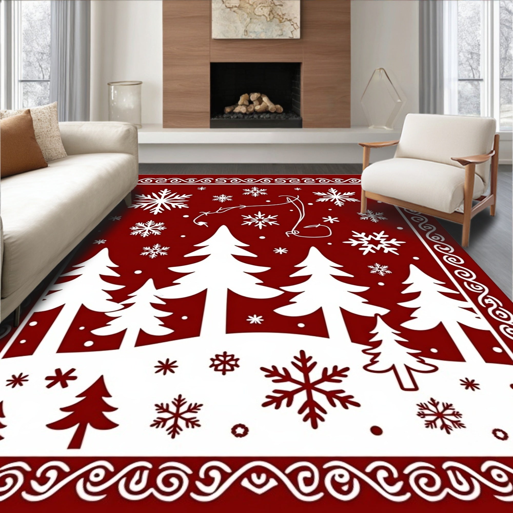 Crimson Winter Forest Snowflake Scene Rug