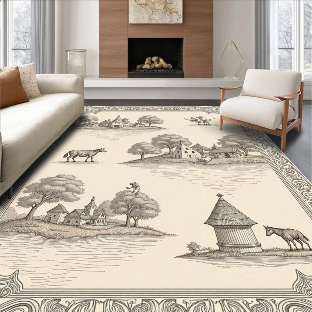 Vintage Countryside Village Folk Art Scene Rug