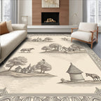 Vintage Countryside Village Folk Art Scene Rug