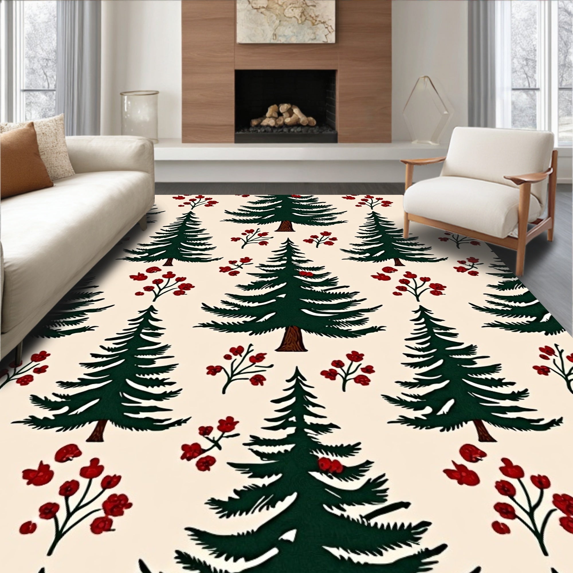 Evergreen Emerald Trees Red Berries Rug