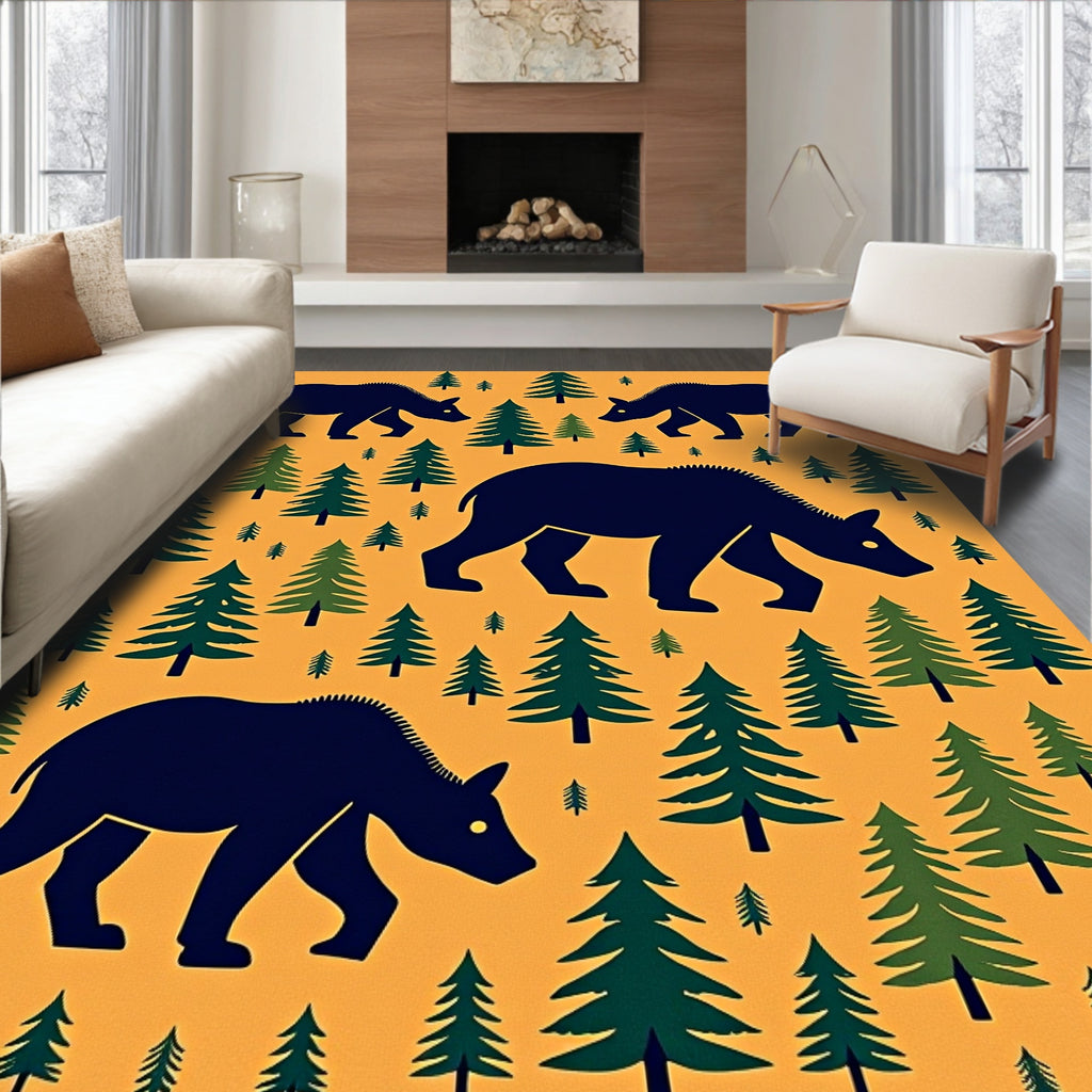 Dark Blue Bears With Evergreen Forest Rug