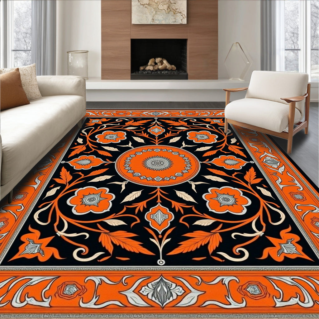 Vibrant Orange Black Floral Medallion Rug