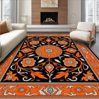 Vibrant Orange Black Floral Medallion Rug