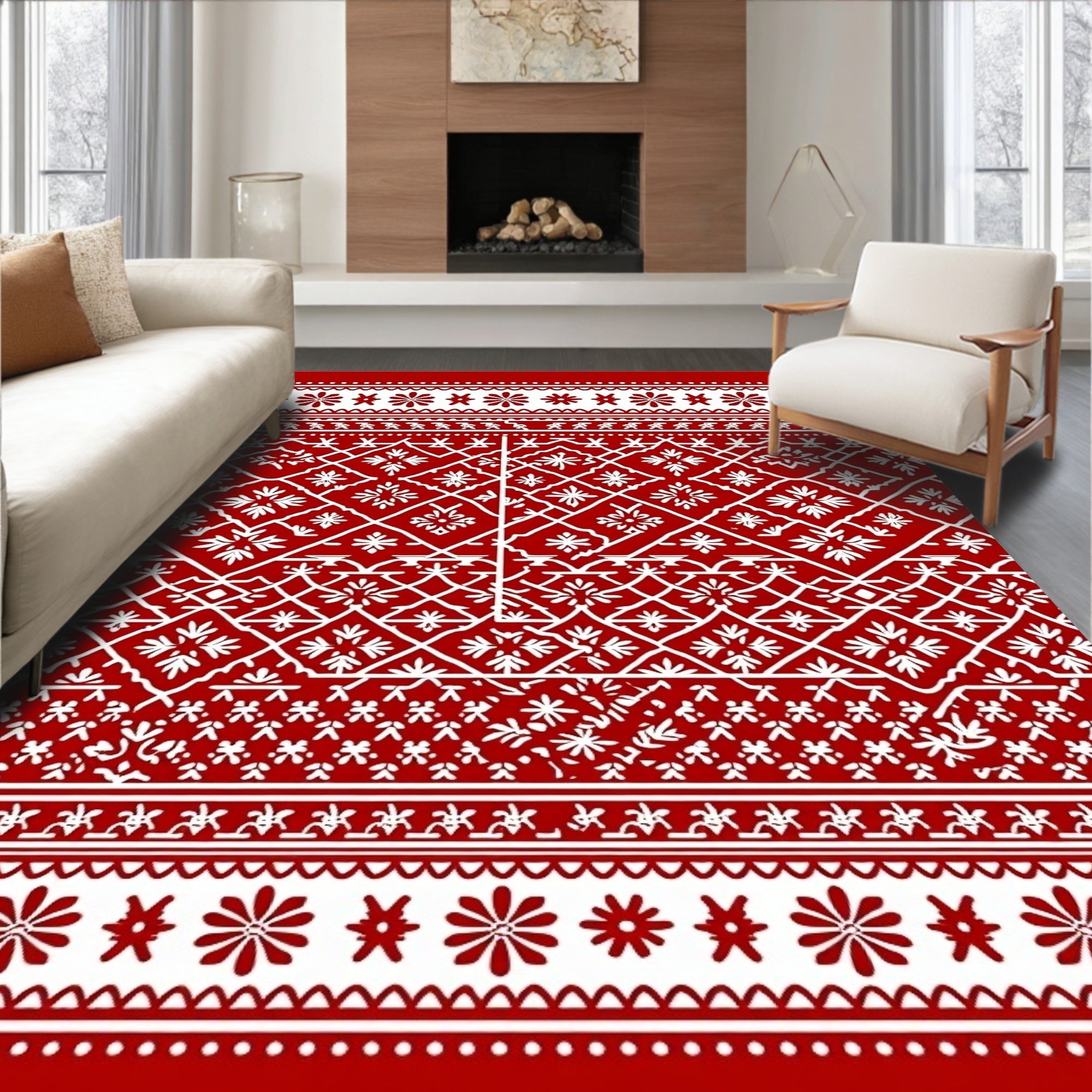 Crimson White Folkloric Geometric Bloom Rug