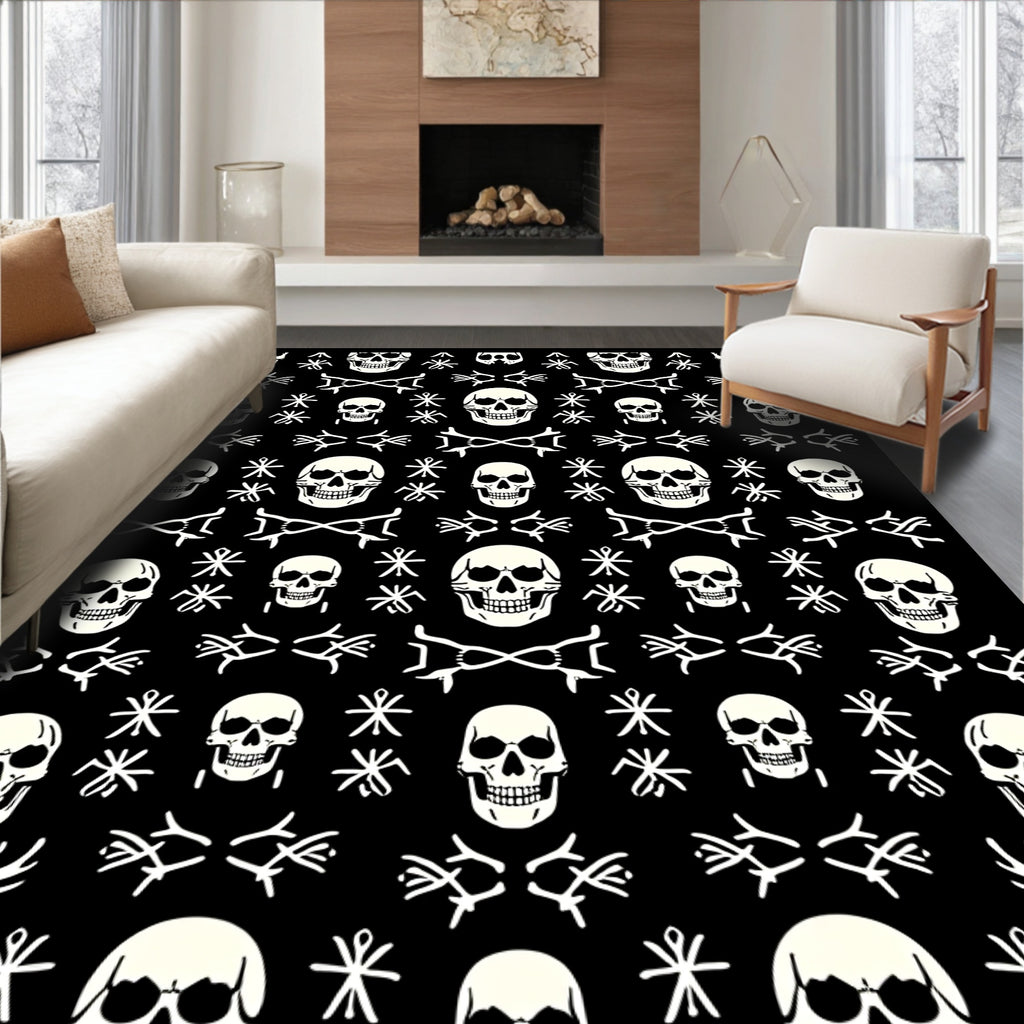 Black White Skull Medallion Tassel Rug