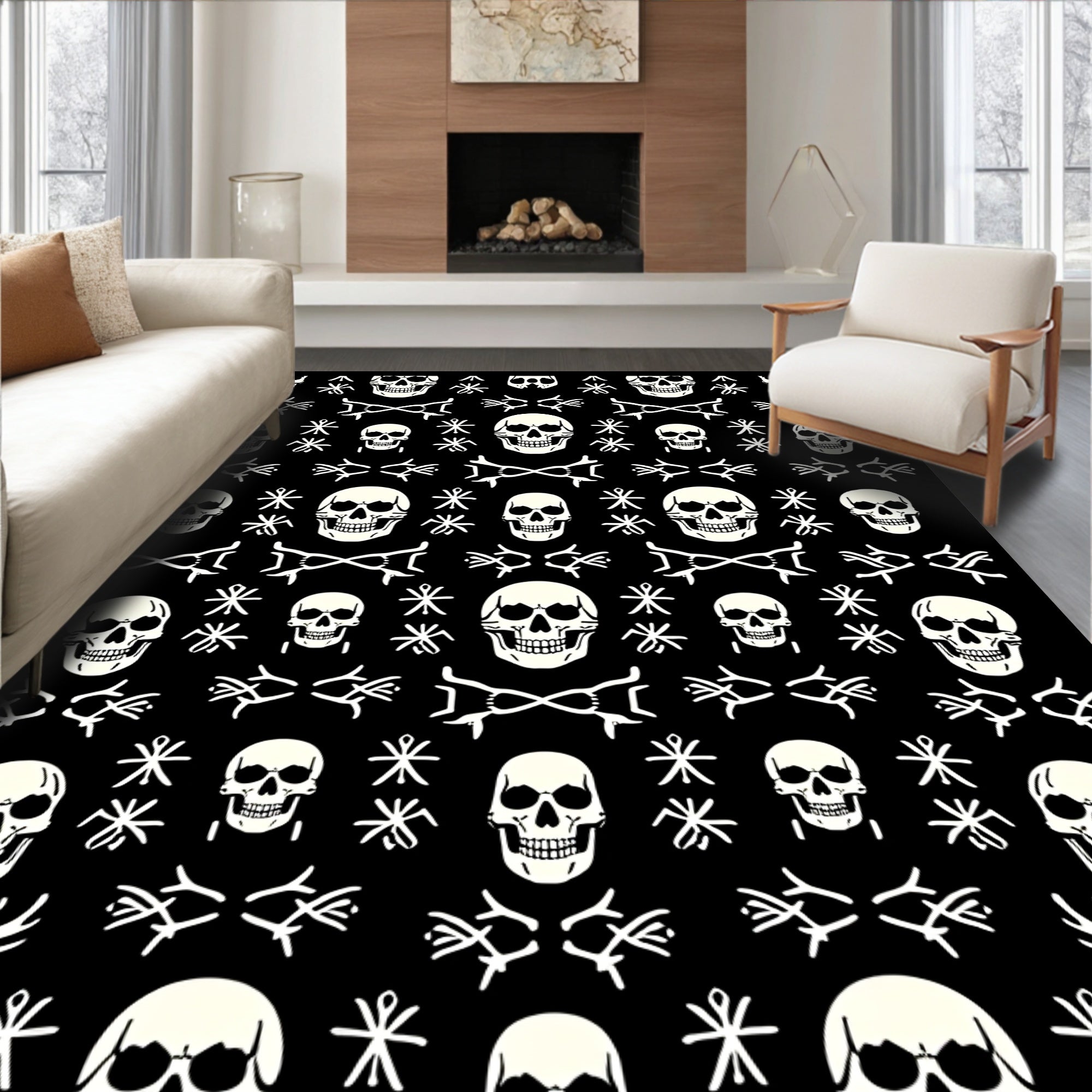 Black White Skull Medallion Tassel Rug